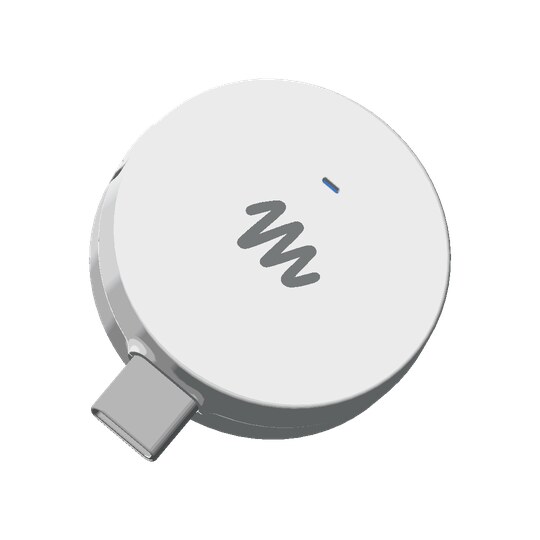 A round white Muse Home Link puck with a grey squiggle logo, a small blue status light and a USB-C plug sticking out of its side