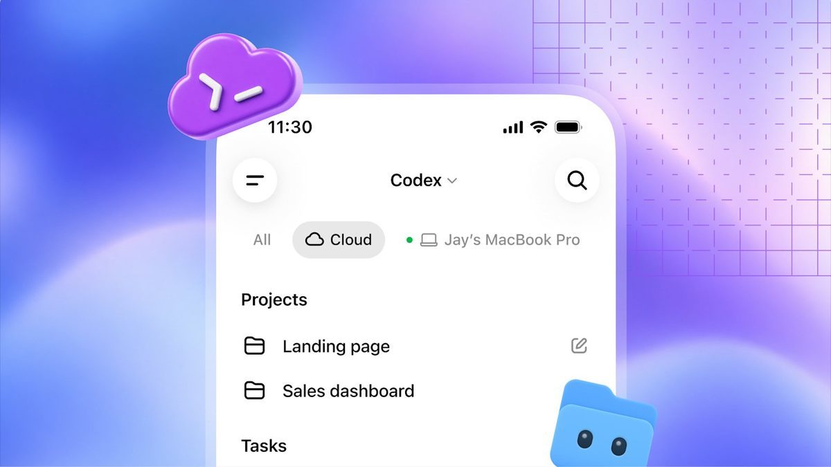 Codex on a phone screen showing cloud projects, with a purple cloud icon