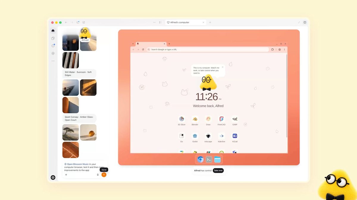 A dot’s own cloud computer desktop, showing a welcome screen, with a yellow dot character in the corner