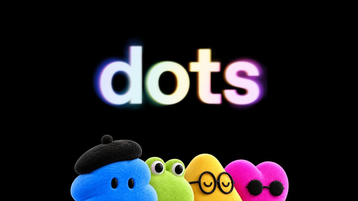The dots logo glowing above five fuzzy dot characters in blue, green, yellow and pink