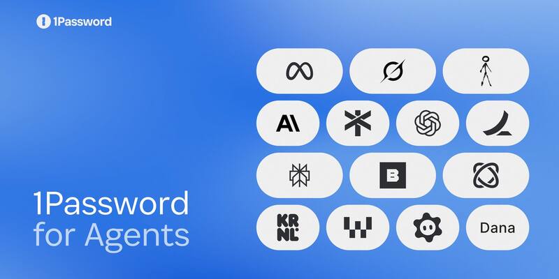 1Password for Agents launch graphic with logos of partners including Meta, Anthropic, OpenAI and Perplexity on a blue background