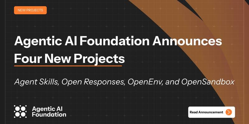 Dark graphic reading Agentic AI Foundation Announces Four New Projects: Agent Skills, Open Responses, OpenEnv, and OpenSandbox, with the foundation’s logo
