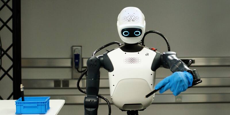 A white humanoid robot with glowing round eyes and dark jointed arms holds a thin tool in a blue-gloved hand beside a table with a blue plastic tray