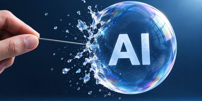 A hand pushing a pin into a soap bubble with the letters AI inside, the bubble bursting into droplets