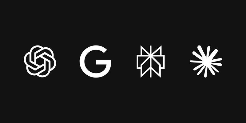 Four white logos on a black background: OpenAI’s knot, Google’s G, Perplexity’s mark and Claude’s spark.