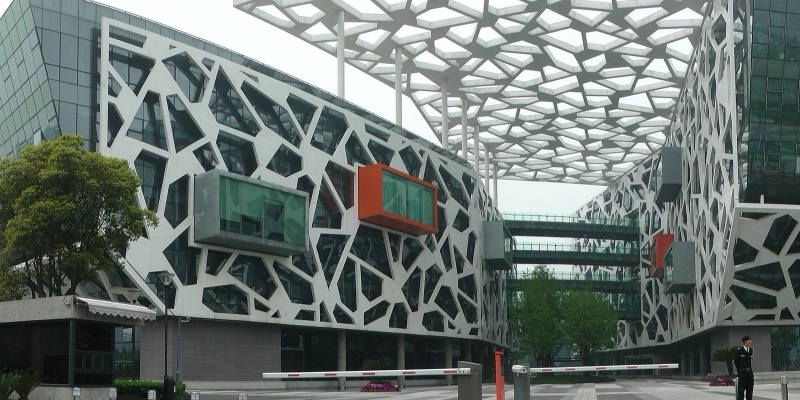The latticed facade of Alibaba Group’s headquarters in Hangzhou