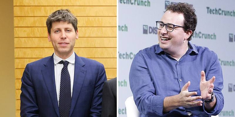 Side-by-side photos: Sam Altman in a navy suit and dotted tie on the left, and Dario Amodei in glasses and a blue shirt speaking on stage on the right