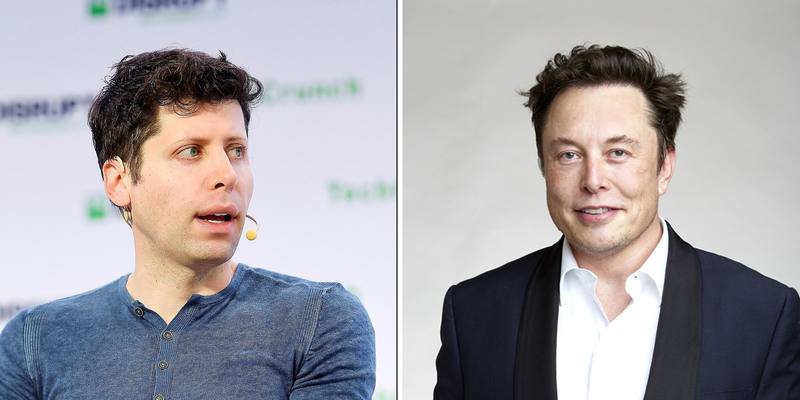 Side-by-side photos: Sam Altman in a blue top speaking at a TechCrunch event, and Elon Musk smiling in a dark suit and white shirt against a grey background