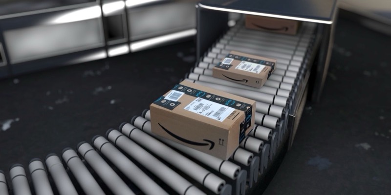 Amazon parcels moving along a conveyor belt