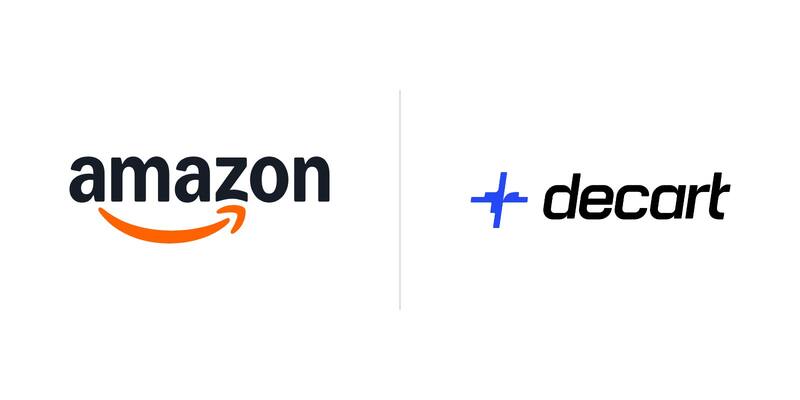 The Amazon logo, black lettering with an orange smile arrow, next to the Decart logo, a blue plus-like mark and black lettering, on a white background