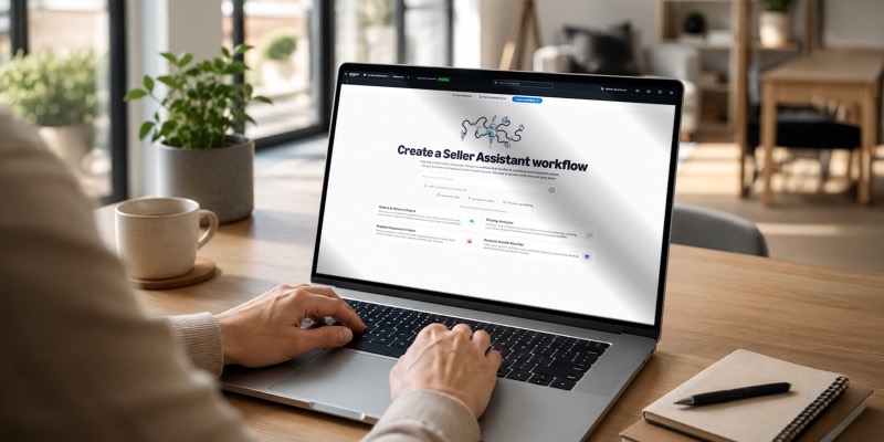 A person using a laptop showing Amazon’s “Create a Seller Assistant workflow” screen on a wooden desk
