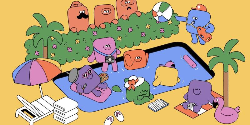 Cartoon app-shaped characters relaxing around a pool shaped like an iPhone screen while a lifeguard character keeps three others behind a hedge