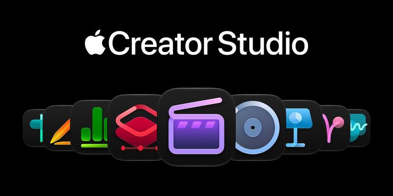 The Apple Creator Studio wordmark above a row of app icons including Final Cut Pro, Logic Pro, Pixelmator Pro, Keynote, Pages and Numbers on a black background