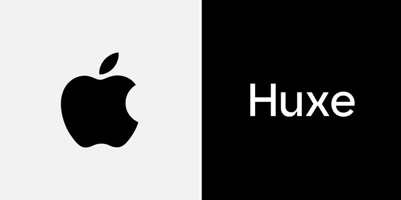 Side-by-side image: the black Apple logo on a light grey background on the left, and the white Huxe wordmark on a black background on the right