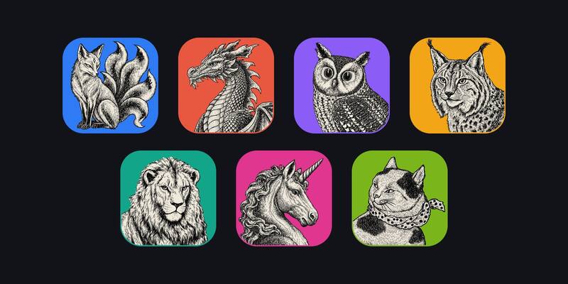 Seven square app icons with engraved animal drawings on bright backgrounds: a fox, dragon, owl, lynx, lion, unicorn and cat