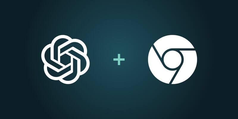 The white OpenAI knot logo and the white Google Chrome logo side by side, joined by a mint green plus sign, on a dark teal background.