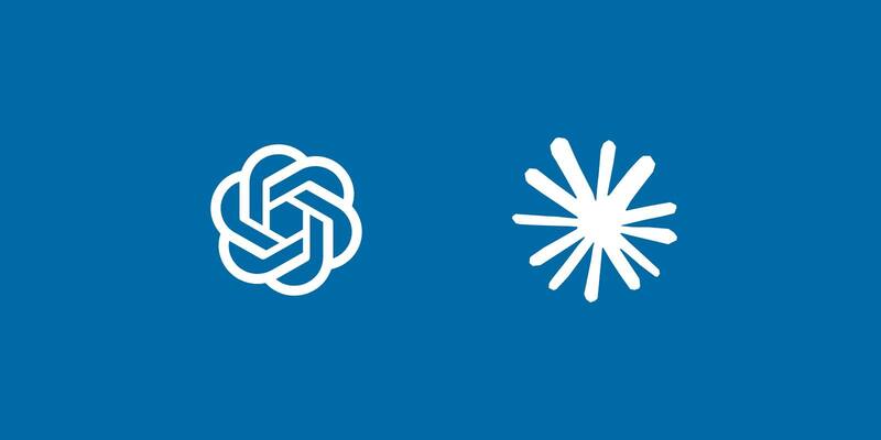The white OpenAI knot logo and the white Claude spark logo side by side on a plain blue background