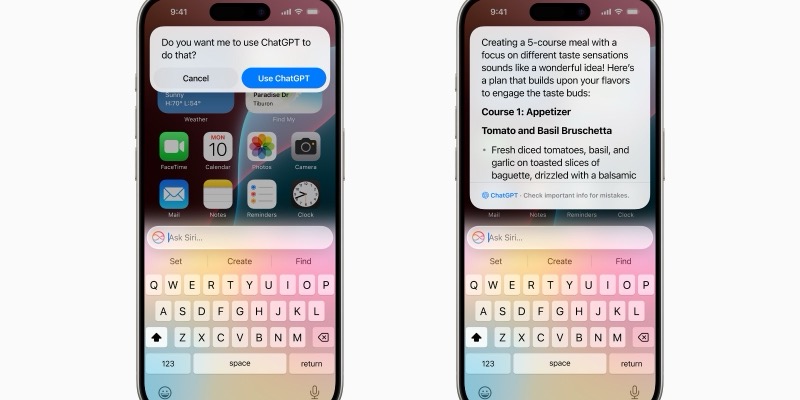Two iPhones: one showing Siri asking “Do you want me to use ChatGPT to do that?”, the other showing a ChatGPT answer inside Siri