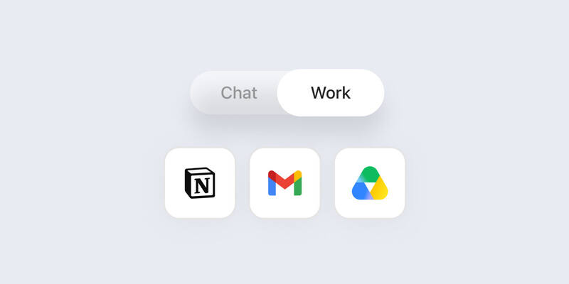 A Chat and Work toggle switch with Work selected, above Notion, Gmail and Google Drive app icons, on a light grey background