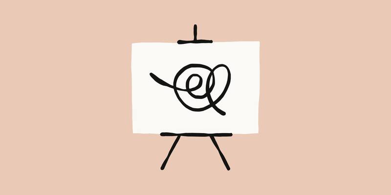 A black line drawing of an easel holding a white canvas with a looping scribble, on a pale peach background