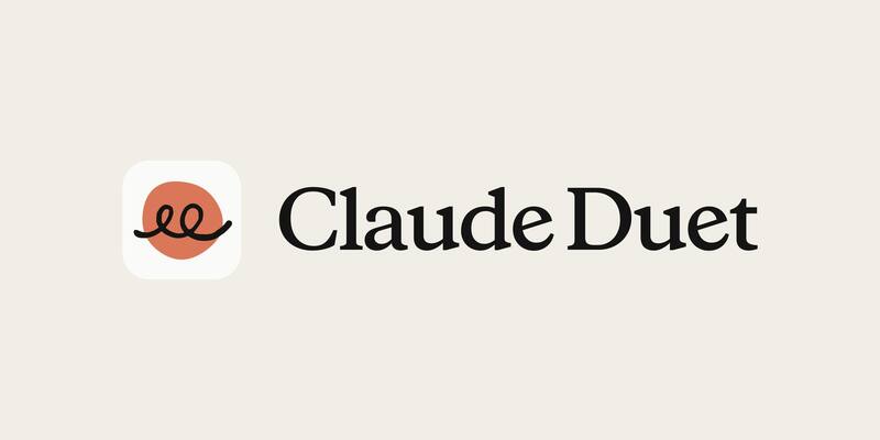 The Claude Duet app icon, a black looped scribble over an orange blob on a white rounded square, beside the words Claude Duet on a cream background