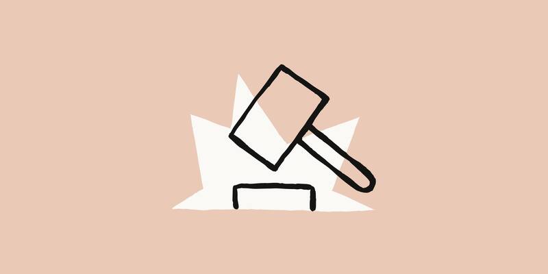 A black line drawing of a judge’s gavel striking a block, over a white starburst on a peach background