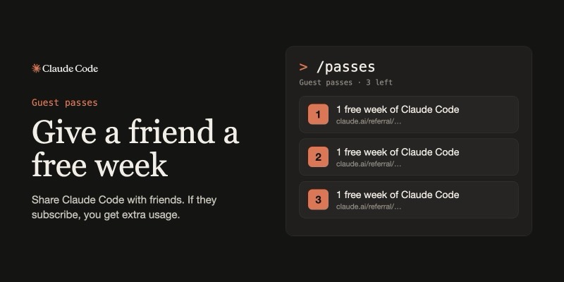 A dark graphic with the Claude Code logo and the words “Give a friend a free week” beside a terminal showing /passes and three guest pass cards, each for one free week of Claude Code