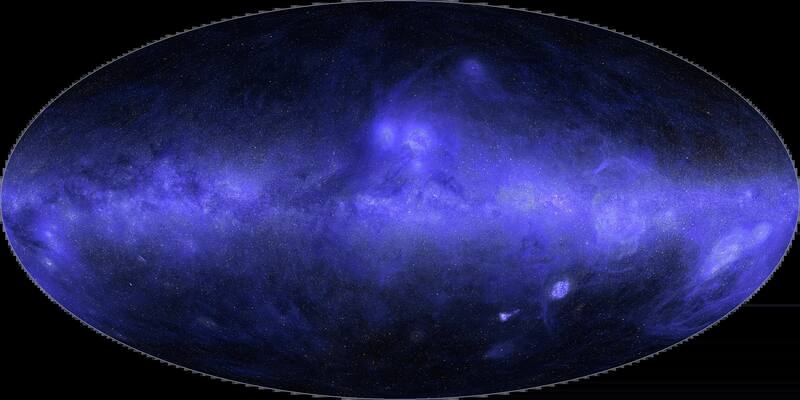 An oval all-sky map glowing blue and violet, with the bright band of the Milky Way across the middle and glowing dust clouds and loops above and below it