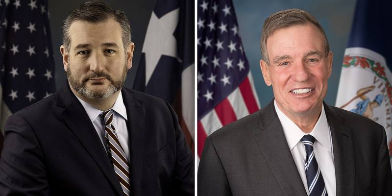 Official portraits of Senator Ted Cruz, in front of US and Texas flags, and Senator Mark Warner, smiling in front of US and Virginia flags, side by side.