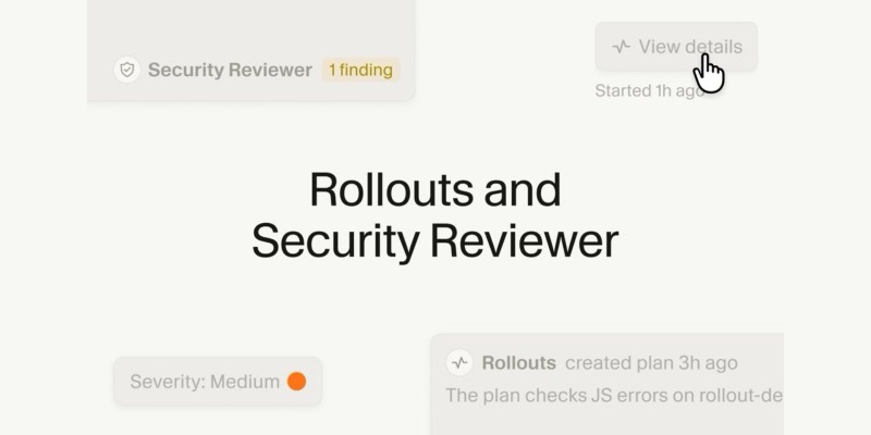Cursor’s “Rollouts and Security Reviewer” announcement graphic, showing interface cards for a security finding and a rollout monitoring plan