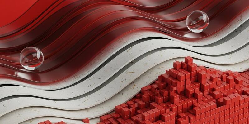 Abstract red and white artwork: glossy red waves with two glass spheres above layered white paper-like waves and a field of small red cubes