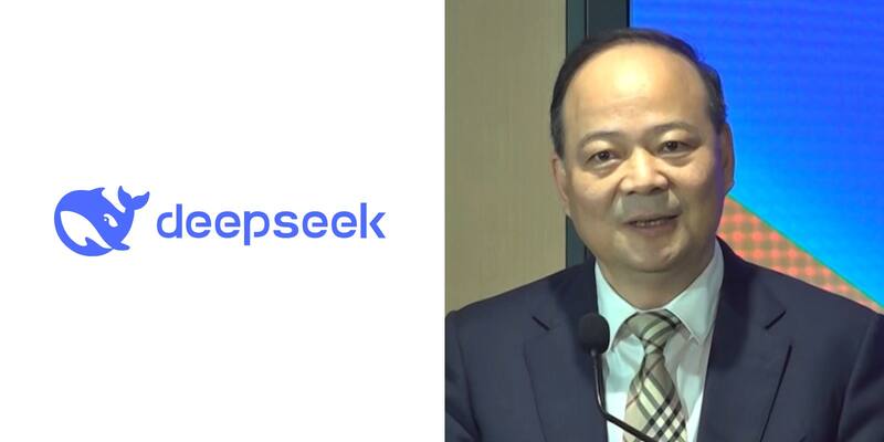 Composite image: the blue DeepSeek whale logo and wordmark on white on the left, and CATL chairman Robin Zeng in a dark suit and checked tie speaking at a microphone on the right.