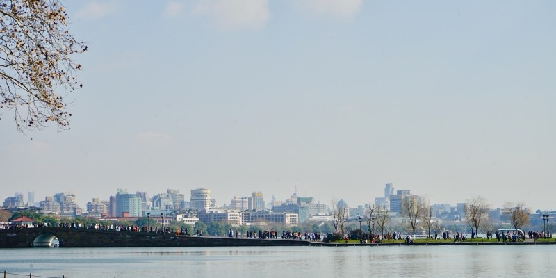 The Hangzhou skyline seen across West Lake