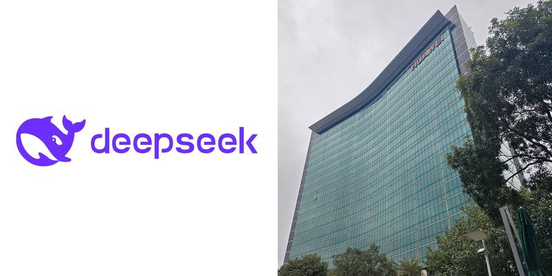 Composite image: the purple DeepSeek whale logo on the left, and a tall glass Huawei office tower with the Huawei name near the top on the right.