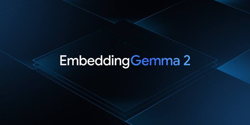 The words EmbeddingGemma 2 in white and blue on a dark navy background of layered glowing blue panels