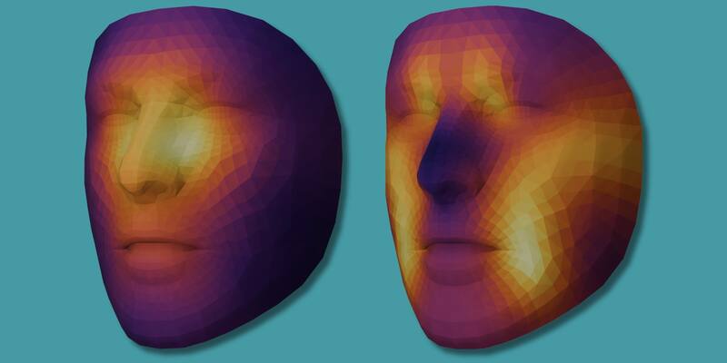 Two 3D face models on a teal background, shaded purple to yellow; the left glows around the nose and under the eyes, the right along the cheeks, forehead and temples