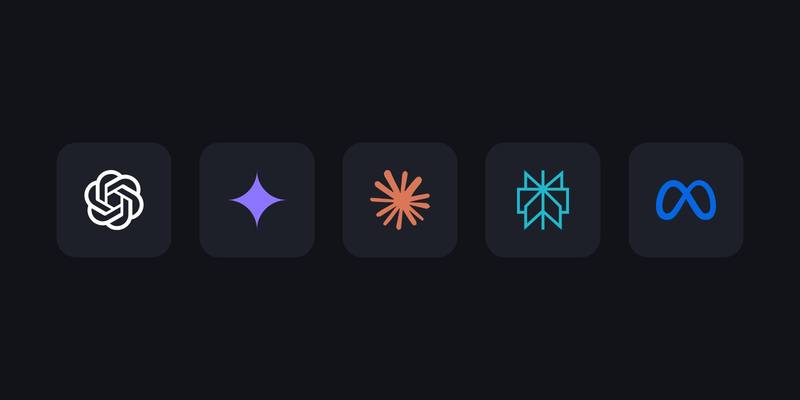 Five dark rounded tiles in a row showing the OpenAI, Gemini, Claude, Perplexity and Meta logos on a near-black background.