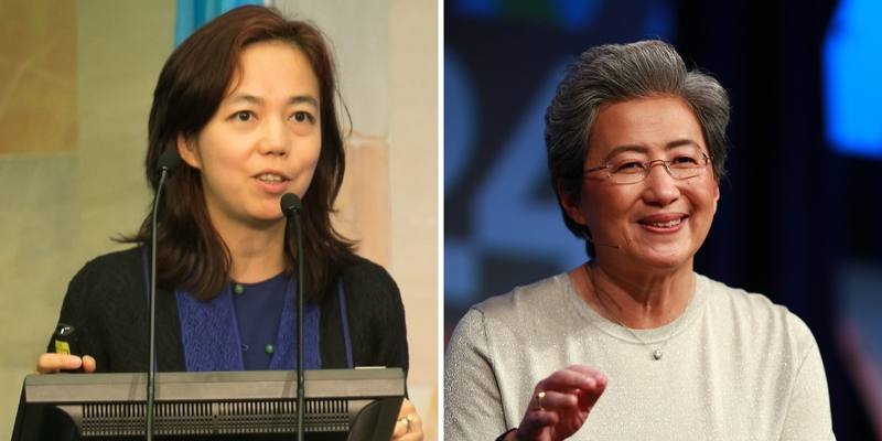 Side-by-side photos: Fei-Fei Li, with shoulder-length dark hair and a dark cardigan, speaking at a lectern on the left, and Lisa Su, with short grey hair and glasses, smiling on stage in a pale top on the right