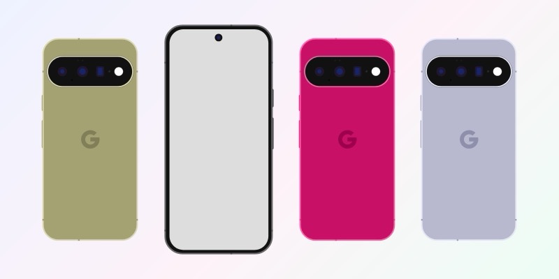 Four Google Pixel 11 phone illustrations side by side: olive green, black (front view), bright pink and pale lilac, on a soft pastel background