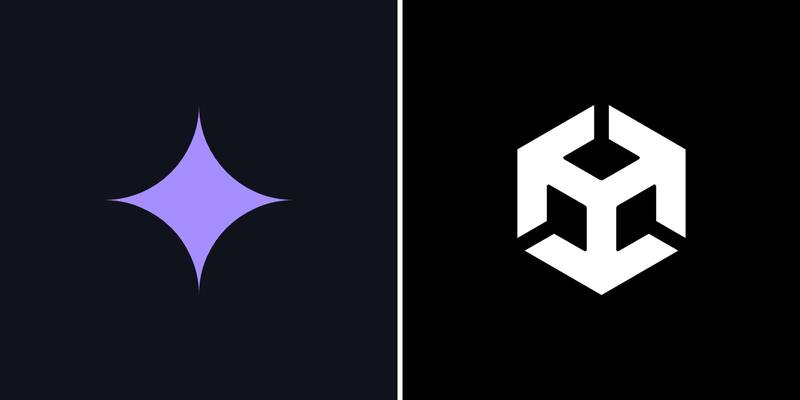 A lilac four-pointed Gemini star on a dark navy panel beside the white Unity cube logo on a black panel.