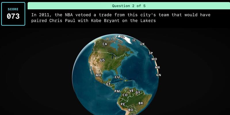 GeoSports game screen showing a score of 073 and question 2 of 5, about the 2011 NBA trade veto that would have paired Chris Paul with Kobe Bryant, above a satellite globe centred on North America