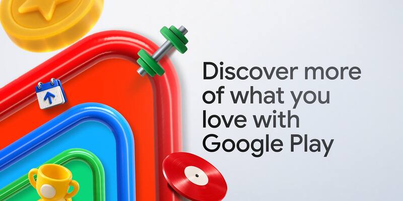 Colourful 3D rounded shapes in red, blue and green with a gold coin, trophy, dumbbell and record beside the words Discover more of what you love with Google Play