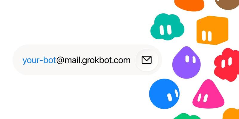 A pill-shaped box reading your-bot@mail.grokbot.com with an envelope icon, next to a cluster of colourful blob-shaped Bot characters.