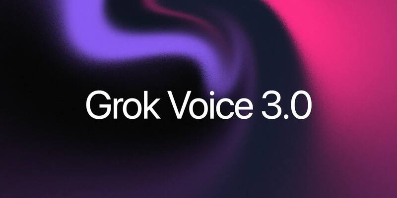 The words Grok Voice 3.0 in white on a dark background swirled with purple and pink light.