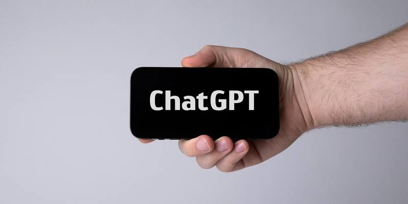 A hand holding a black smartphone sideways with the word ChatGPT in white on its screen, against a pale grey background.