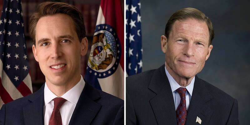 Side-by-side official portraits of Josh Hawley, smiling in a navy suit and red tie in front of US and Missouri flags, and Richard Blumenthal in a dark pinstripe suit and red tie in front of a US flag
