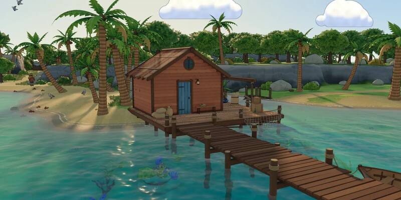 A cartoon-style wooden hut on stilts over turquoise water, with a long wooden dock, a rowboat, palm trees and crabs on a sandy beach