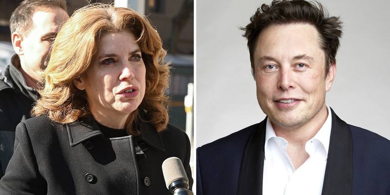 Side-by-side photos: Julie Menin, with shoulder-length auburn hair and a black coat, speaking at a microphone outdoors on the left, and Elon Musk, smiling in a dark jacket and white open-necked shirt against a pale background, on the right