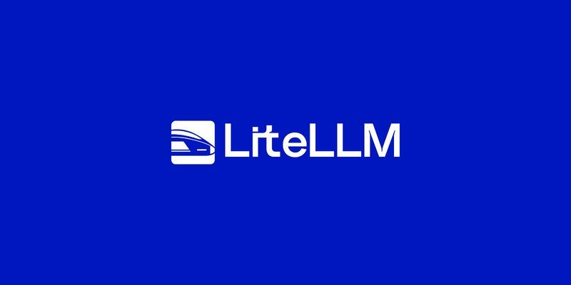 The white LiteLLM logo, a train-like icon beside the wordmark, centred on a bright blue background
