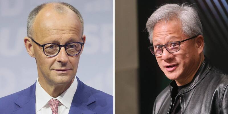 Side-by-side portraits: on the left, Friedrich Merz in round dark glasses, a blue suit and pink tie; on the right, Jensen Huang in rectangular glasses and a black leather jacket